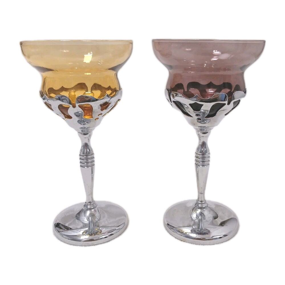 2 MCM FARBERWARE Cambridge Morgantown Chrome Wine Cordial Brandy Glass‎ Romantic